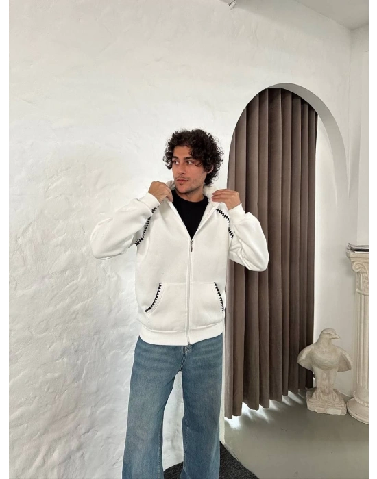 Erkek Oversize Dik Yaka Fermuarlı Sweatshirt - Zincir Nakışli Kanguru Cepli - Beyaz