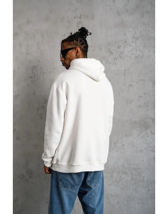 Erkek Oversize Kapüşonlu Sweatshirt – Beyaz Renk Üç İplik İçi Pamuklu Kanguru Cepli Baskılı Hoodie Rahat Kalıp Kışlık Günlük Kombinlere Uygun - Beyaz