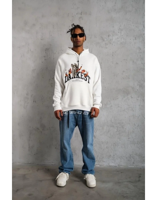 Erkek Oversize Kapüşonlu Sweatshirt – Beyaz Renk Üç İplik İçi Pamuklu Kanguru Cepli Baskılı Hoodie Rahat Kalıp Kışlık Günlük Kombinlere Uygun - Beyaz