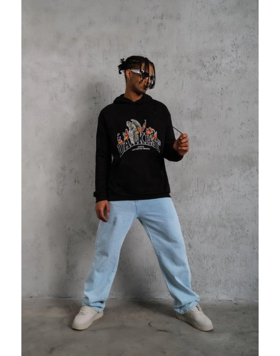 Erkek Oversize Kapüşonlu Sweatshirt – Siyah Renk Üç İplik İçi Pamuklu Kanguru Cepli Baskılı Hoodie Rahat Kalıp Kışlık Günlük Kombinlere Uygun - Siyah