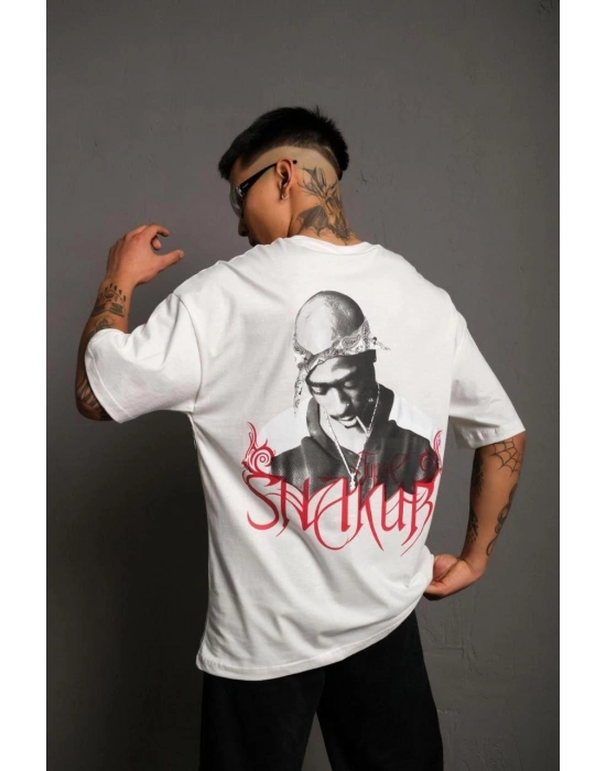 Erkek Oversize Tişört – Beyaz 24/1 Penye Kumaş, Bisiklet Yaka, Ön & Arka Baskılı, Streetwear Tarzı Rahat Büyük Kalıp T-Shirt- Beyaz