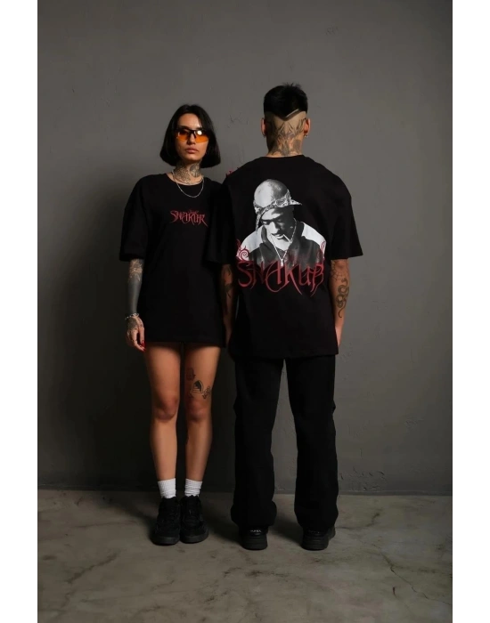Erkek Oversize Tişört – Beyaz 24/1 Penye Kumaş, Bisiklet Yaka, Ön & Arka Baskılı, Streetwear Tarzı Rahat Büyük Kalıp T-Shirt - Siyah