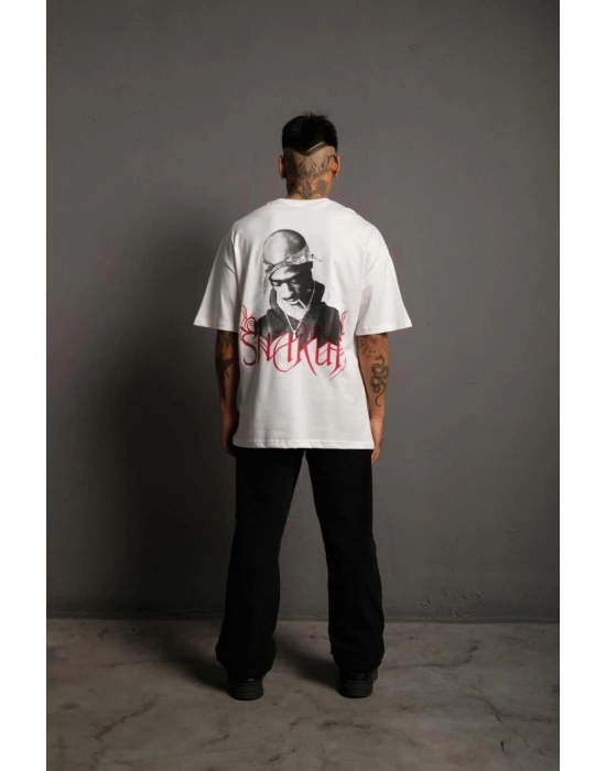 Erkek Oversize Tişört – Beyaz 24/1 Penye Kumaş, Bisiklet Yaka, Ön & Arka Baskılı, Streetwear Tarzı Rahat Büyük Kalıp T-Shirt- Beyaz