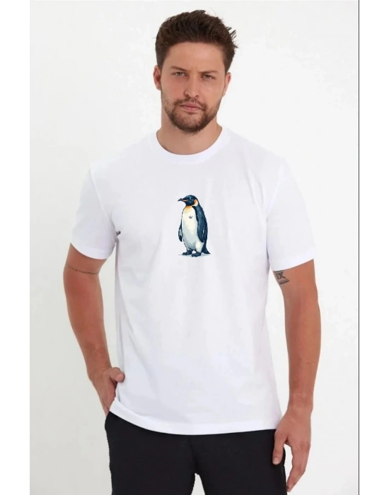 Erkek Oversize Tişört - Sırt Baskılı Survivor Penguin Temalı, Felsefi Yazılı Bisiklet yaka Tişört - Beyaz