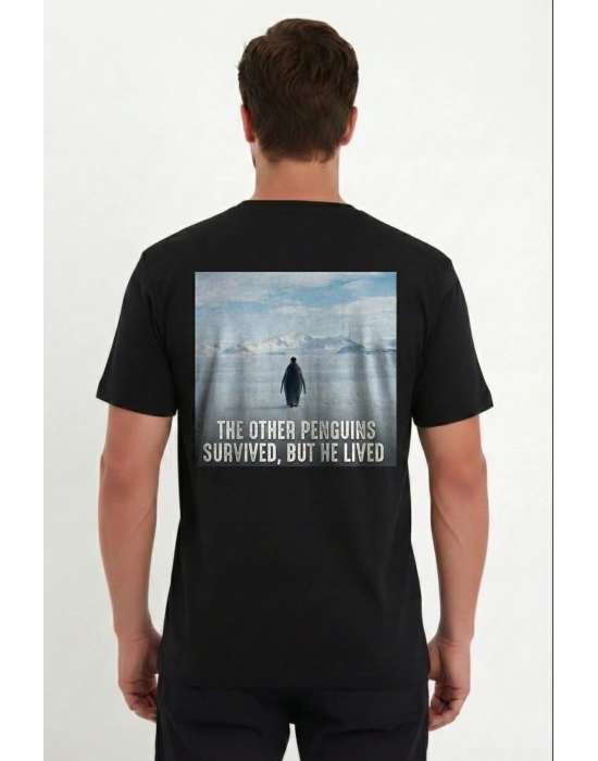 Erkek Oversize Tişört - Sırt Baskılı Survivor Penguin Temalı, Felsefi Yazılı Bisiklet yaka Tişört - Siyah