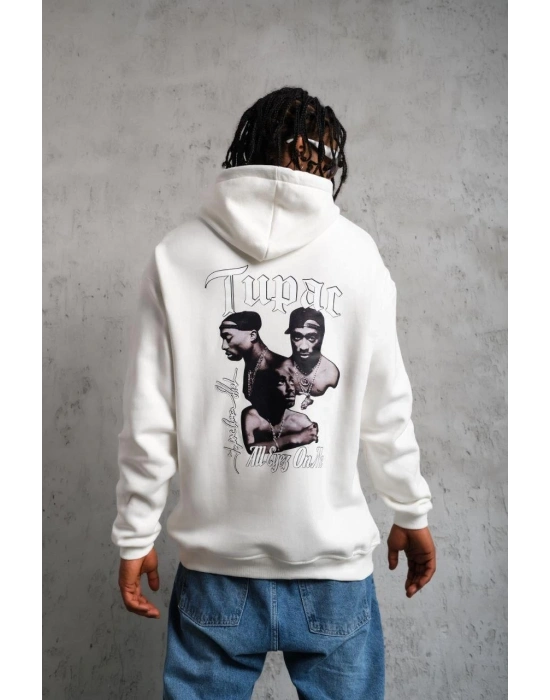 Erkek Oversize Üç İplik Kapüşonlu Sweat – Kol ve Etek Ribana Detaylı, Ön ve Sırt Baskılı, Kanguru Cepli Rahat Kalıp Model - Beyaz