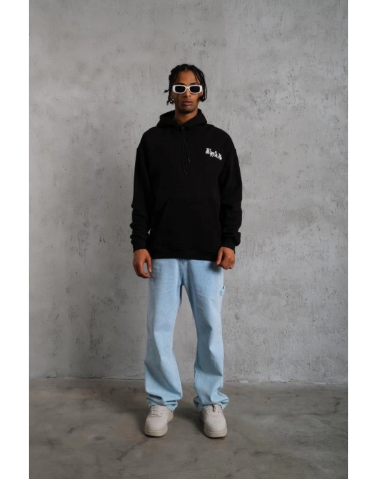 Erkek Oversize Üç İplik Kapüşonlu Sweat – Siyah Kol ve Etek Ribana Detaylı, Ön ve Sırt Baskılı, Kanguru Cepli Rahat Kalıp Model