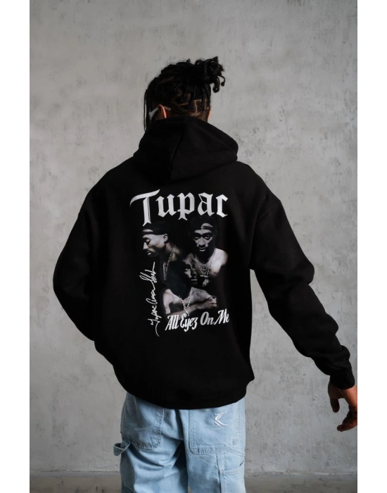 Erkek Oversize Üç İplik Kapüşonlu Sweat – Siyah Kol ve Etek Ribana Detaylı, Ön ve Sırt Baskılı, Kanguru Cepli Rahat Kalıp Model