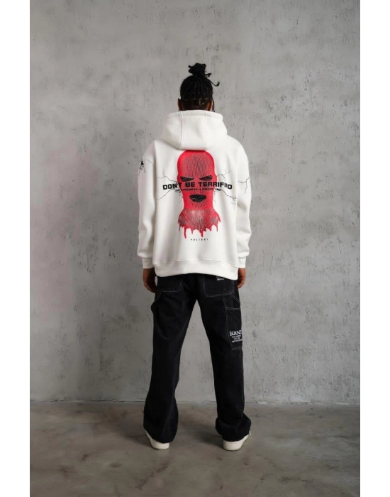 Erkek Oversize Üç İplik Kapüşonlu Sweatshirt – “Don’t Be Terrified” Ön, Sırt ve Kol Baskılı, Kanguru Cepli, Ribanalı Rahat Model - Beyaz