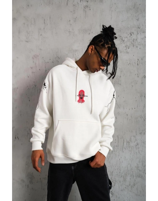Erkek Oversize Üç İplik Kapüşonlu Sweatshirt – “Don’t Be Terrified” Ön, Sırt ve Kol Baskılı, Kanguru Cepli, Ribanalı Rahat Model - Beyaz