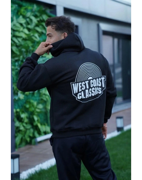 Erkek Oversize Üç İplik Kapüşonlu Sweatshirt – Siyah Sırt ve Ön Baskılı, Kanguru Cepli, Rahat Kalıp, İçi Pamuklu ModeL-Siyah