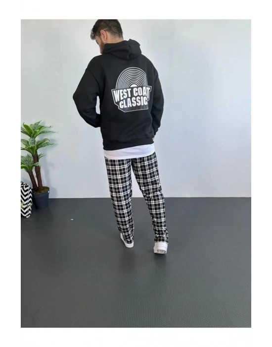 Erkek Oversize Üç İplik Kapüşonlu Sweatshirt – Siyah Sırt ve Ön Baskılı, Kanguru Cepli, Rahat Kalıp, İçi Pamuklu ModeL-Siyah