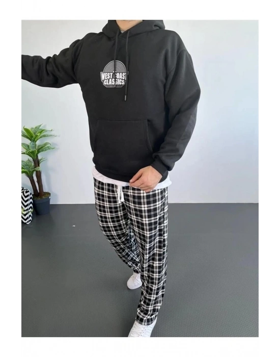 Erkek Oversize Üç İplik Kapüşonlu Sweatshirt – Siyah Sırt ve Ön Baskılı, Kanguru Cepli, Rahat Kalıp, İçi Pamuklu ModeL-Siyah