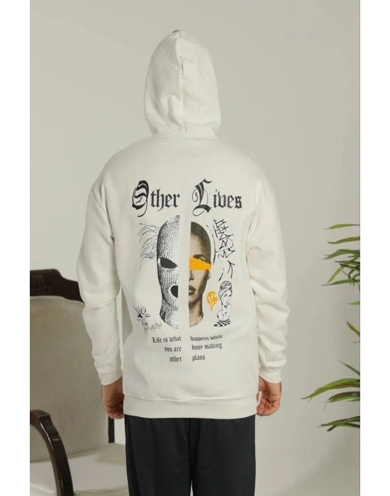 Erkek Oversize Üç İplik Şardonlu Kapüşonlu Sweatshirt – Beyaz “Other Lives” Ön ve Arka Baskılı, Kanguru Cepli, Ribanalı Rahat Kışlık Model Beyaz