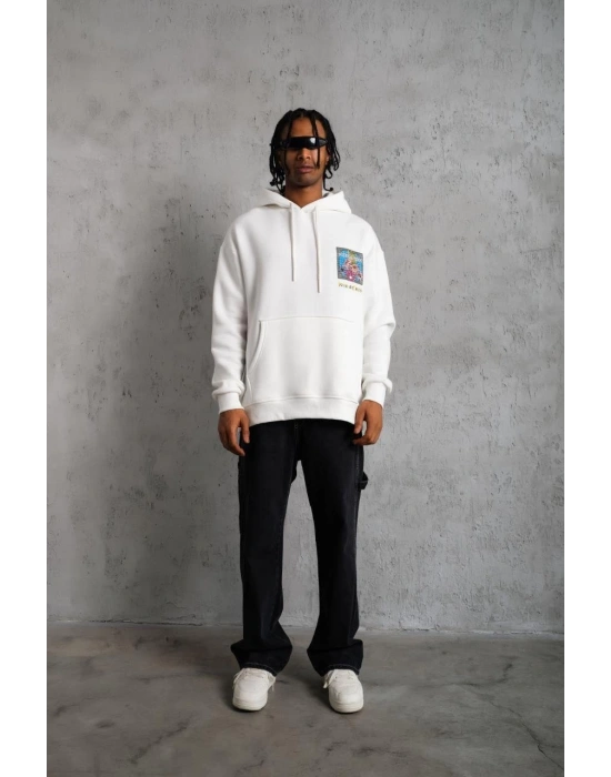 Erkek Patel Six Baskılı Kapüşonlu Sweat - Beyaz