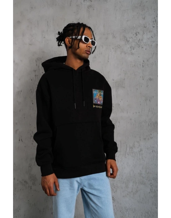 Erkek Patel Six Baskılı Kapüşonlu Sweat - Siyah