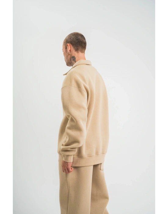 Erkek Patlı Yaka Üç İplik Pamuklu Sweatshirt Double Oversize Rahat Kalıp Günlük Kullanım – Bej