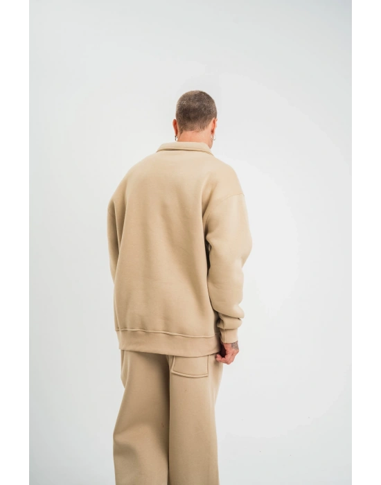 Erkek Patlı Yaka Üç İplik Pamuklu Sweatshirt Double Oversize Rahat Kalıp Günlük Kullanım – Bej