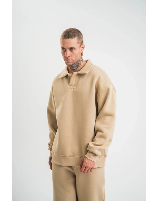 Erkek Patlı Yaka Üç İplik Pamuklu Sweatshirt Double Oversize Rahat Kalıp Günlük Kullanım – Bej