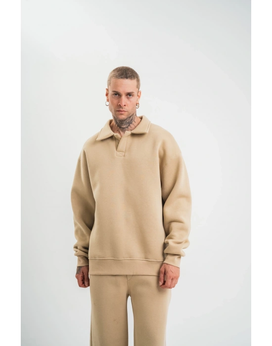 Erkek Patlı Yaka Üç İplik Pamuklu Sweatshirt Double Oversize Rahat Kalıp Günlük Kullanım – Bej