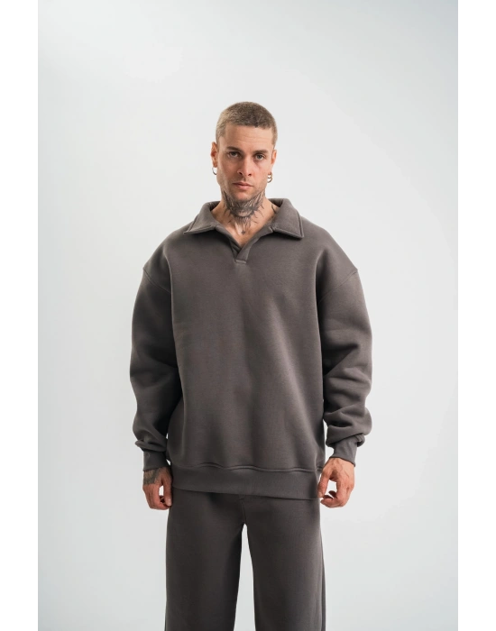 Erkek Patlı Yaka Üç İplik Pamuklu Sweatshirt Double Oversize Rahat Kalıp Günlük Kullanım - Füme