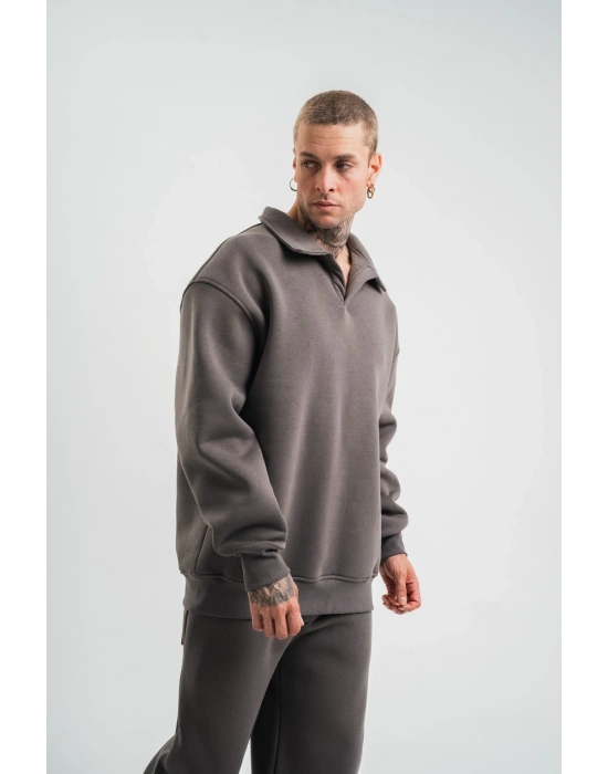 Erkek Patlı Yaka Üç İplik Pamuklu Sweatshirt Double Oversize Rahat Kalıp Günlük Kullanım - Füme