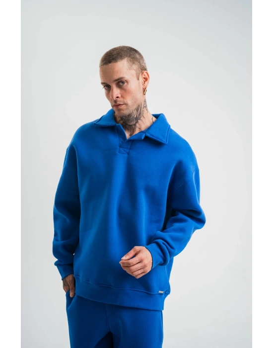 Erkek Patlı Yaka Üç İplik Pamuklu Sweatshirt Double Oversize Rahat Kalıp Günlük Kullanım - Mavi