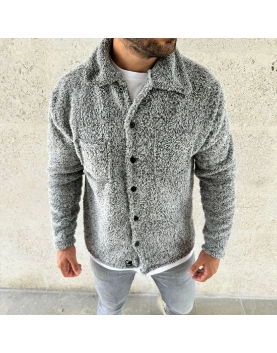 Erkek Pelüş Polar Hırka Gömlek – Yakalı, İlik Düğmeli, Göğüs Cepli, Yumuşak Dokulu Kışlık Regular Fit Rahat Günlük Model - Gri