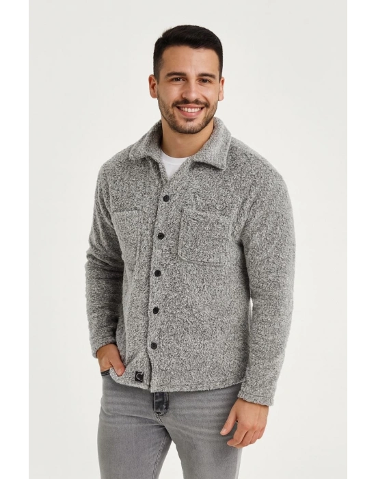 Erkek Pelüş Polar Hırka Gömlek – Yakalı, İlik Düğmeli, Göğüs Cepli, Yumuşak Dokulu Kışlık Regular Fit Rahat Günlük Model - Gri