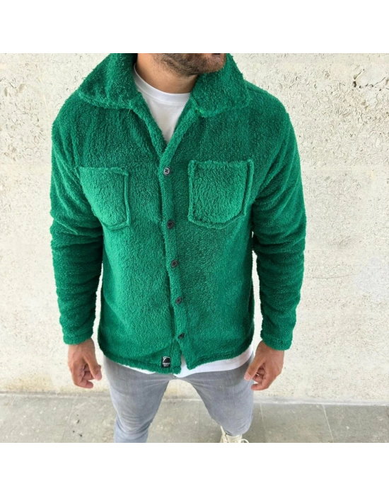 Erkek Pelüş Polar Hırka Gömlek – Yakalı, İlik Düğmeli, Göğüs Cepli, Yumuşak Dokulu Kışlık Regular Fit Rahat Günlük Model - Çimen Yeşili