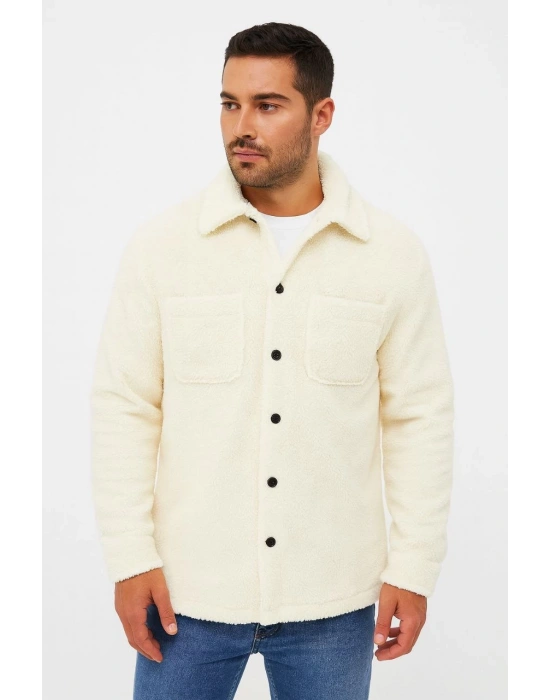 Erkek Pelüş Polar Hırka Gömlek – Yakalı, İlik Düğmeli, Göğüs Cepli, Yumuşak Dokulu Kışlık Regular Fit Rahat Günlük Model - Beyaz