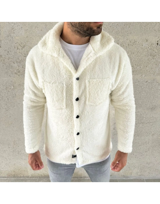 Erkek Pelüş Polar Hırka Gömlek – Yakalı, İlik Düğmeli, Göğüs Cepli, Yumuşak Dokulu Kışlık Regular Fit Rahat Günlük Model - Beyaz