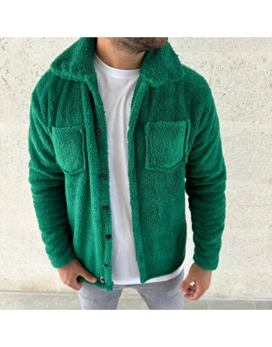 Erkek Pelüş Polar Hırka Gömlek – Yakalı, İlik Düğmeli, Göğüs Cepli, Yumuşak Dokulu Kışlık Regular Fit Rahat Günlük Model - Çimen Yeşili