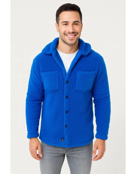 Erkek Pelüş Polar Hırka Gömlek – Yakalı, İlik Düğmeli, Göğüs Cepli, Yumuşak Dokulu Kışlık Regular Fit Rahat Günlük Model - Saks Mavisi
