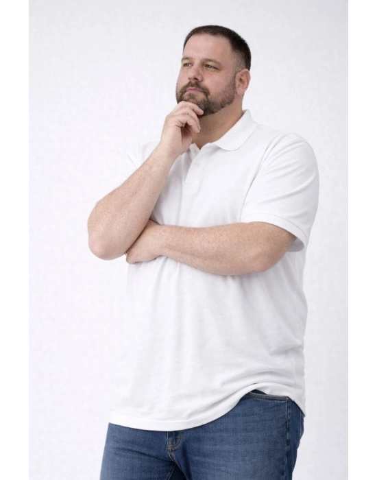 Erkek Pike Kumaş Düğmeli Yaka Battal Büyük Beden Günlük Kısa kol Tişört T-shirt - Beyaz