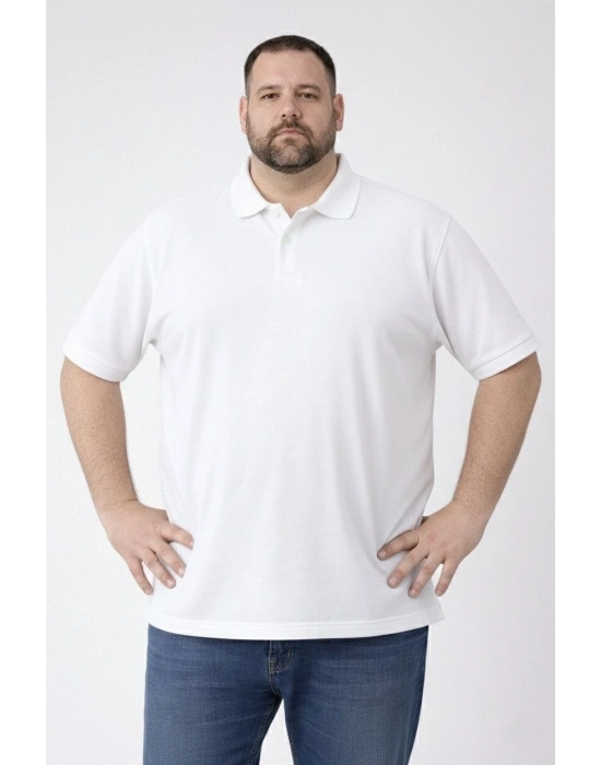 Erkek Pike Kumaş Düğmeli Yaka Battal Büyük Beden Günlük Kısa kol Tişört T-shirt - Beyaz