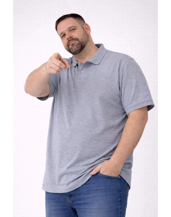 Erkek Pike Kumaş Düğmeli Yaka Battal Büyük Beden Günlük Kısa kol Tişört T-shirt - Gri