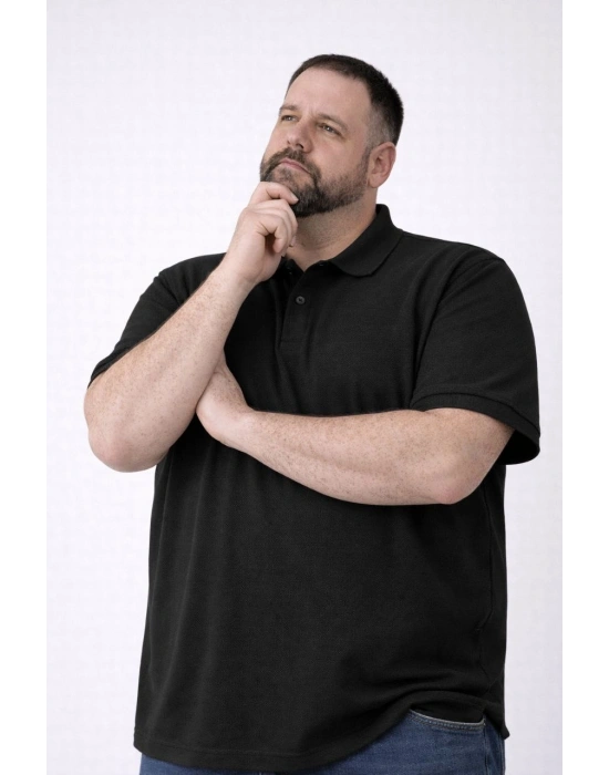 Erkek Pike Kumaş Düğmeli Yaka Battal Büyük Beden Günlük Kısa kol Tişört T-shirt - Siyah