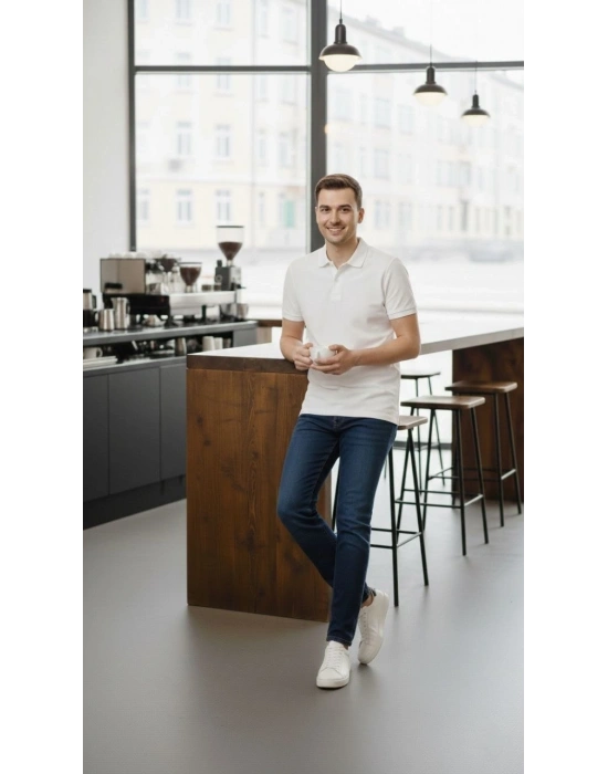 Erkek Pike Kumaş Düğmeli Yaka Regular Fit Günlük Kısa kol Tişört T-shirt - Beyaz