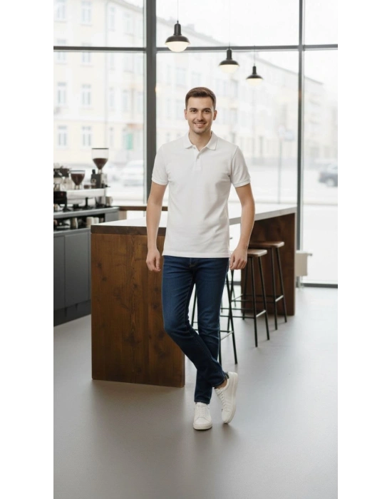 Erkek Pike Kumaş Düğmeli Yaka Regular Fit Günlük Kısa kol Tişört T-shirt - Beyaz