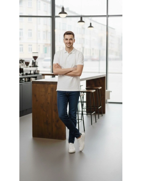 Erkek Pike Kumaş Düğmeli Yaka Regular Fit Günlük Kısa kol Tişört T-shirt - Beyaz