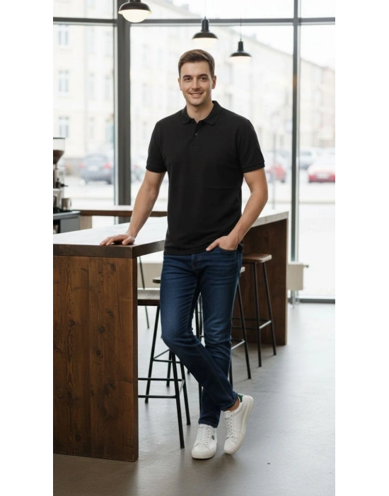 Erkek Pike Kumaş Düğmeli Yaka Regular Fit Günlük Kısa kol Tişört T-shirt - Siyah