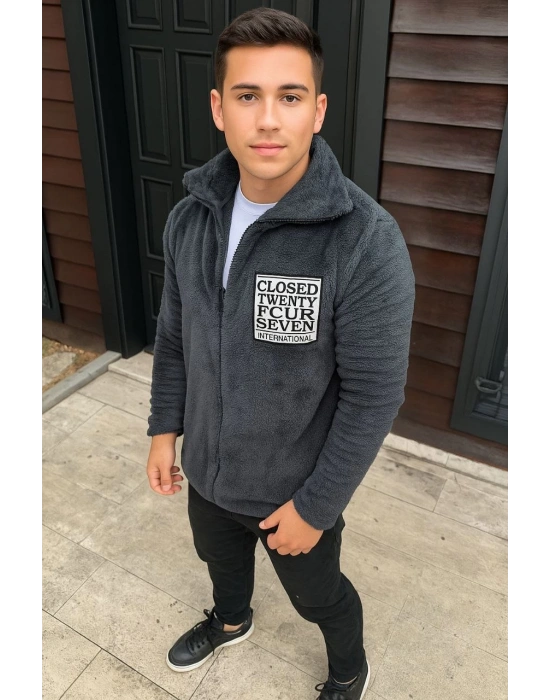 Erkek Polar Fermuarlı Sweatshirt – Kapüşonsuz, Cepli, Yumuşak Dokulu, Oversize Rahat Kalıp, Kışlık Sıcak Tutan Fermuarlı Üst - Füme