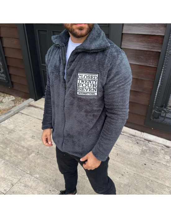 Erkek Polar Fermuarlı Sweatshirt – Kapüşonsuz, Cepli, Yumuşak Dokulu, Oversize Rahat Kalıp, Kışlık Sıcak Tutan Fermuarlı Üst - Füme