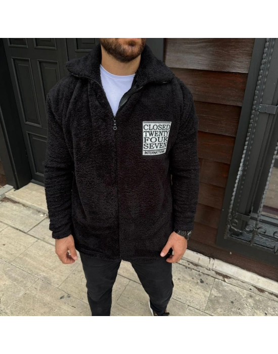 Erkek Polar Fermuarlı Sweatshirt – Kapüşonsuz, Cepli, Yumuşak Dokulu, Oversize Rahat Kalıp, Kışlık Sıcak Tutan Fermuarlı Üst - Siyah