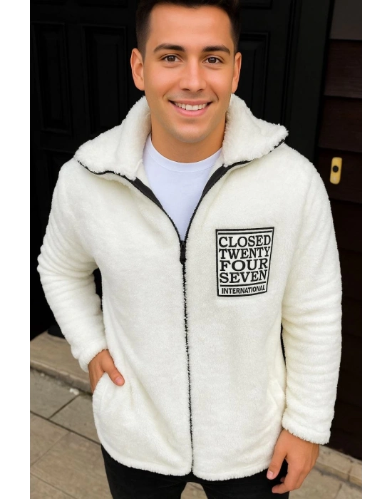 Erkek Polar Fermuarlı Sweatshirt – Kapüşonsuz, Cepli, Yumuşak Dokulu, Oversize Rahat Kalıp, Kışlık Sıcak Tutan Fermuarlı Üst - Beyaz