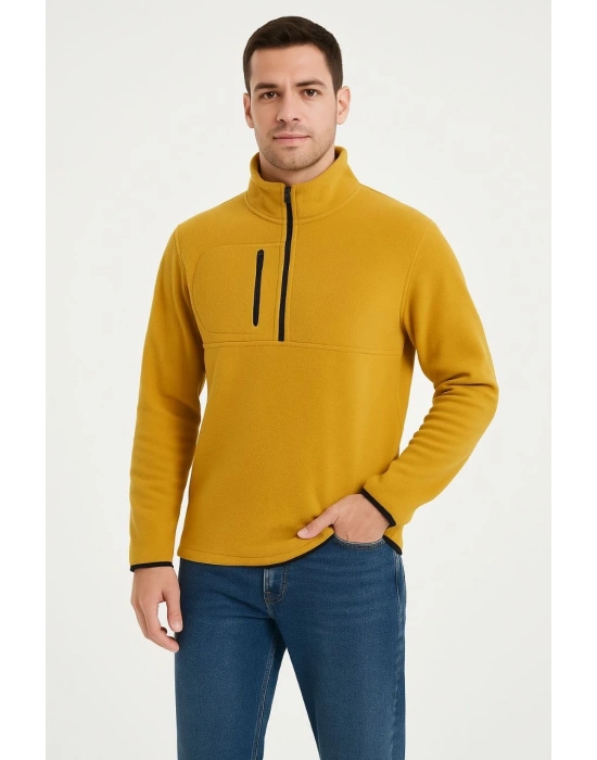 Erkek Polar Kazak – Dik Yaka, Yarım Fermuarlı, Fermuarlı Göğüs Cepli, Siyah Biyeli, Kışlık Rahat Regular Fit Günlük Model - Sarı