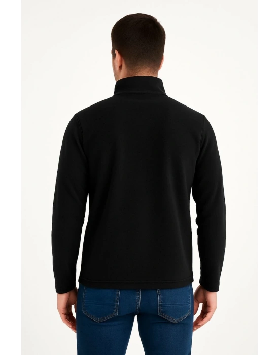 Erkek Polar Kazak – Dik Yaka, Yarım Fermuarlı, Fermuarlı Göğüs Cepli, Siyah Biyeli, Kışlık Rahat Regular Fit Günlük Model - Siyah