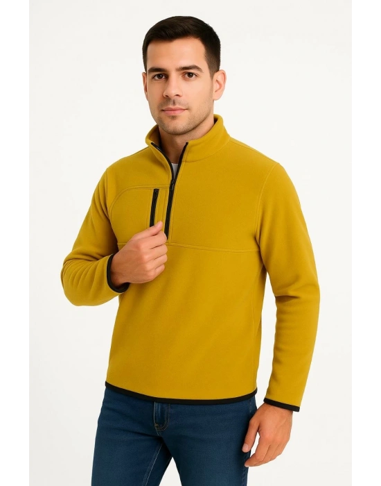Erkek Polar Kazak – Dik Yaka, Yarım Fermuarlı, Fermuarlı Göğüs Cepli, Siyah Biyeli, Kışlık Rahat Regular Fit Günlük Model - Sarı
