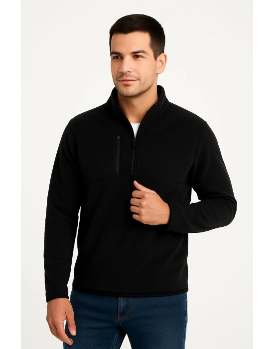 Erkek Polar Kazak – Dik Yaka, Yarım Fermuarlı, Fermuarlı Göğüs Cepli, Siyah Biyeli, Kışlık Rahat Regular Fit Günlük Model - Siyah